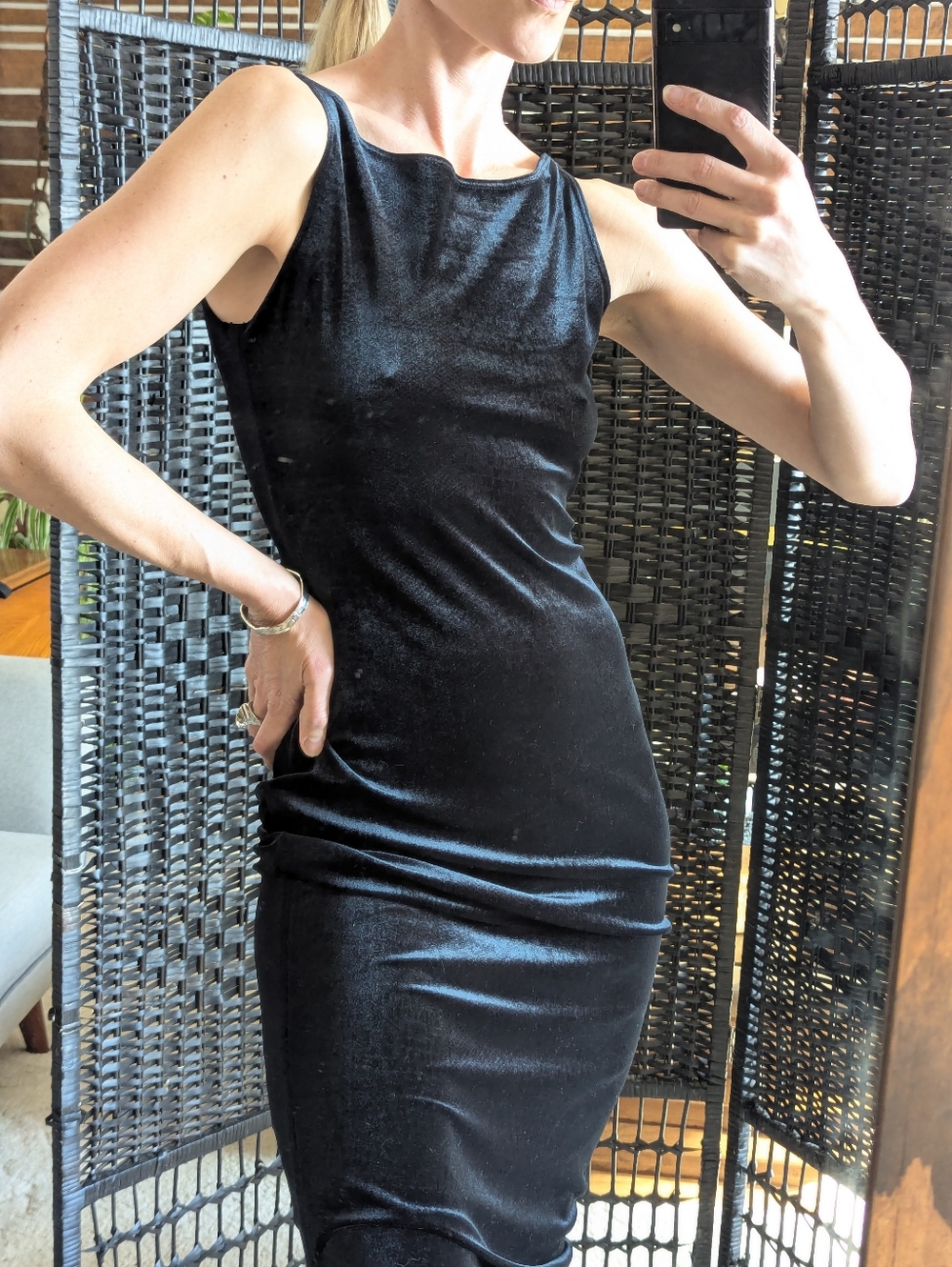 Sm.Vintage 90s Black Velvet Sleeveless Maxi dress, stretch, snakeskin print